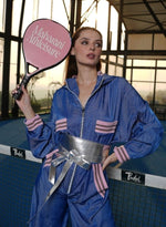 Load image into Gallery viewer, DENIM ALPHABET JUMPSUIT WITH HOODIE