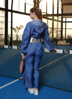 Load image into Gallery viewer, DENIM ALPHABET JUMPSUIT WITH HOODIE