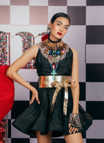 Load image into Gallery viewer, BLACK SLEEVELESS FLARED DRESS EMBELLISHED WITH SWAROVSKI &amp; WOODEN BEJEWELED NECKLINE