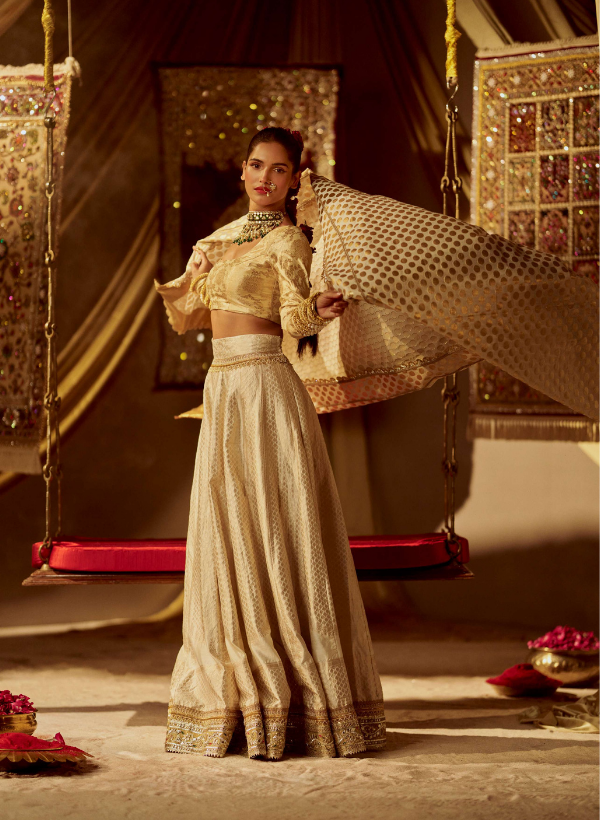Gold Banarasi & Chanderi Lehenga Set