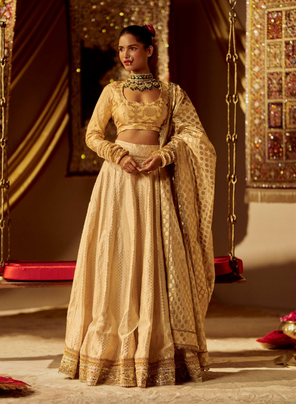Gold Banarasi & Chanderi Lehenga Set
