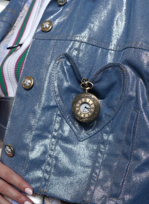 METALLIC CROP JACKET WITH CLOCK BROOCH