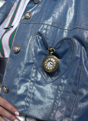 METALLIC CROP JACKET WITH CLOCK BROOCH