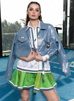 Load image into Gallery viewer, METALLIC CROP JACKET WITH CLOCK BROOCH