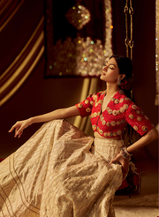 Red Beaded Top With Gold Banarasi Lehenga