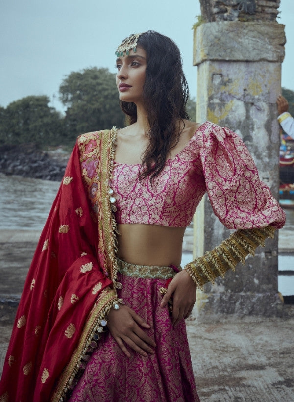 Deep Pink Banarasi Brocade Lehenga Set