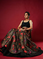 Load image into Gallery viewer, Black &amp; Orange Double Layered Jacquard Lehenga Set
