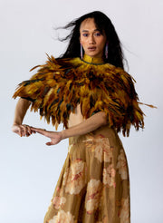Dusty Yellow Ochre and Brown Feather Cape & Palazzo