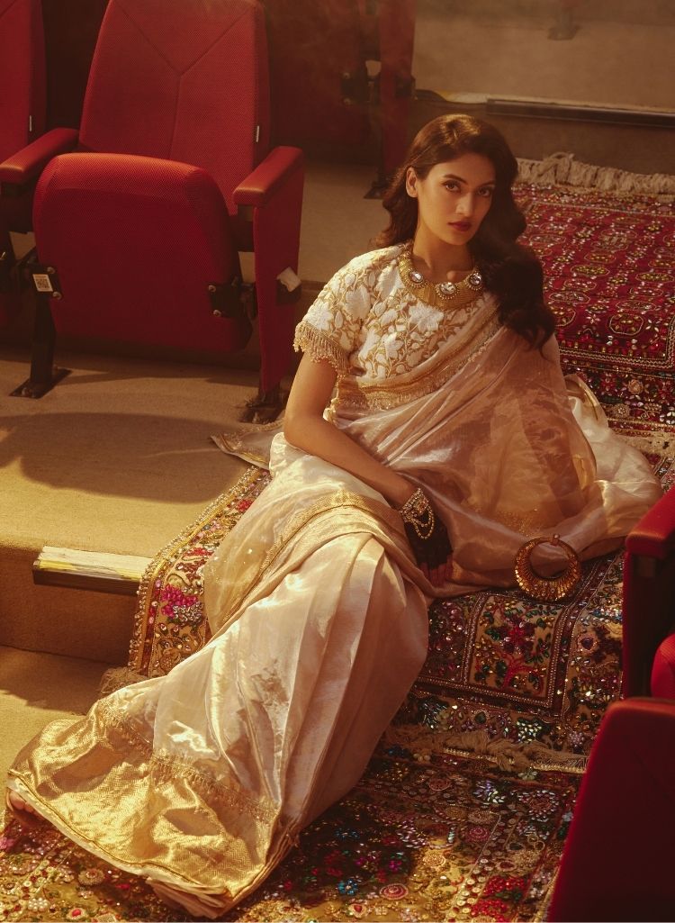 Gold Tissue Sari Paired with Floral Brocade Blouse – Blouse