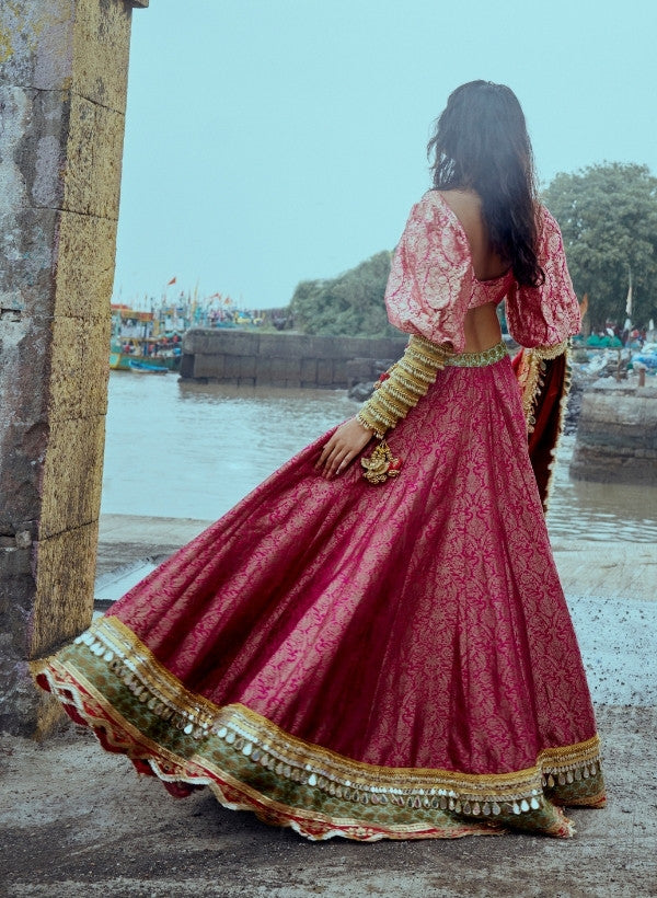 Deep Pink Banarasi Brocade Lehenga Set