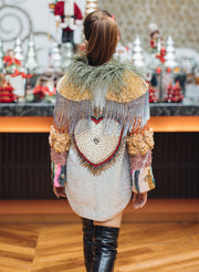 Silver Embellished Statement Open Jacket With Olive Green Feathers