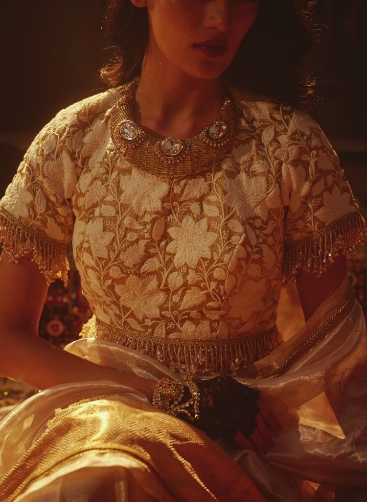 Gold Tissue Sari Paired with Floral Brocade Blouse