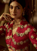 Load image into Gallery viewer, Red Beaded Top With Gold Banarasi Lehenga

