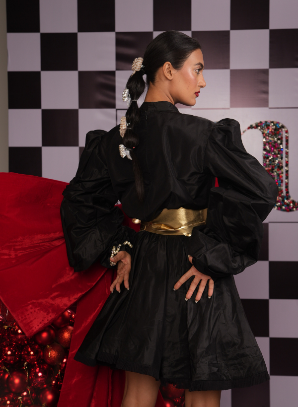 FULL SLEEVES BLACK TAFFETA FLARED DRESS WITH A SWAROVSKI EMBELLISHED HORN NECKLINE