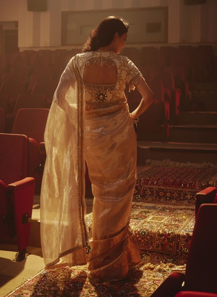 Gold Tissue Sari Paired with Floral Brocade Blouse – Sari