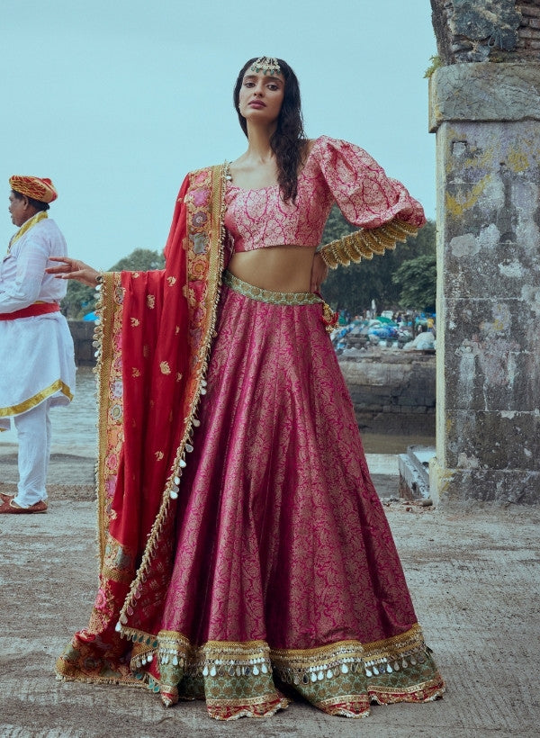 Deep Pink Banarasi Brocade Lehenga Set