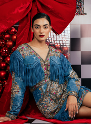 SWAROVSKI EMBELLISHED DENIM DRESS WITH TASSELS