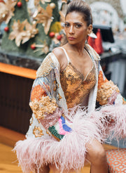 Silver Embellished Statement Open Jacket With Salmon Pink Feathers