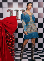 Load image into Gallery viewer, SWAROVSKI EMBELLISHED DENIM DRESS WITH TASSELS