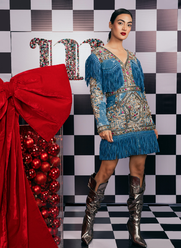 SWAROVSKI EMBELLISHED DENIM DRESS WITH TASSELS