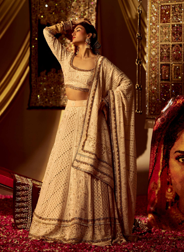 White & Gold Chikankari Lehenga Set