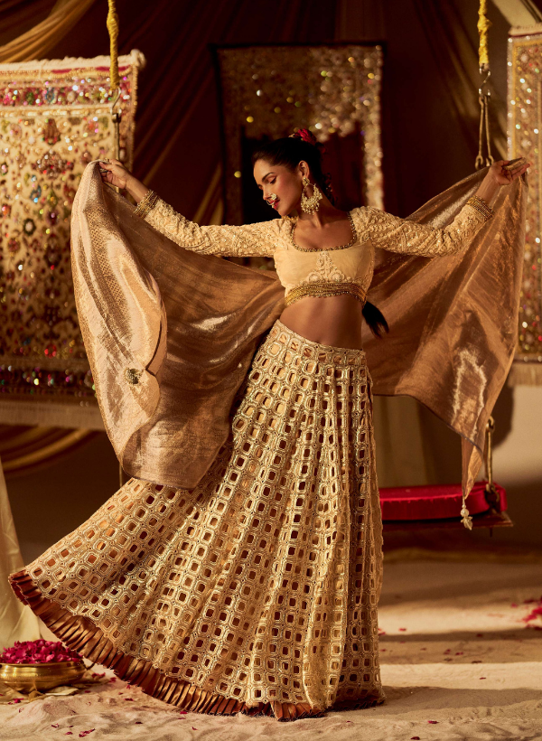 Gold Beaded Cutwork Lehenga Set