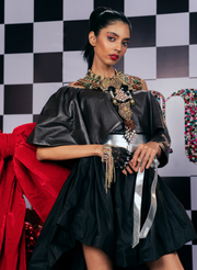 BLACK TAFFETA ASYMMETRIC OFF-SHOULDER DRESS AND  A SWAROVSKI NECKLINE