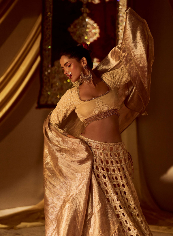 Gold Beaded Cutwork Lehenga Set