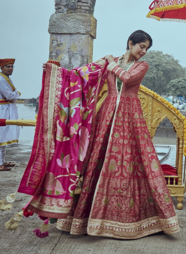 Red Banarasi Anarkali Jacket Set