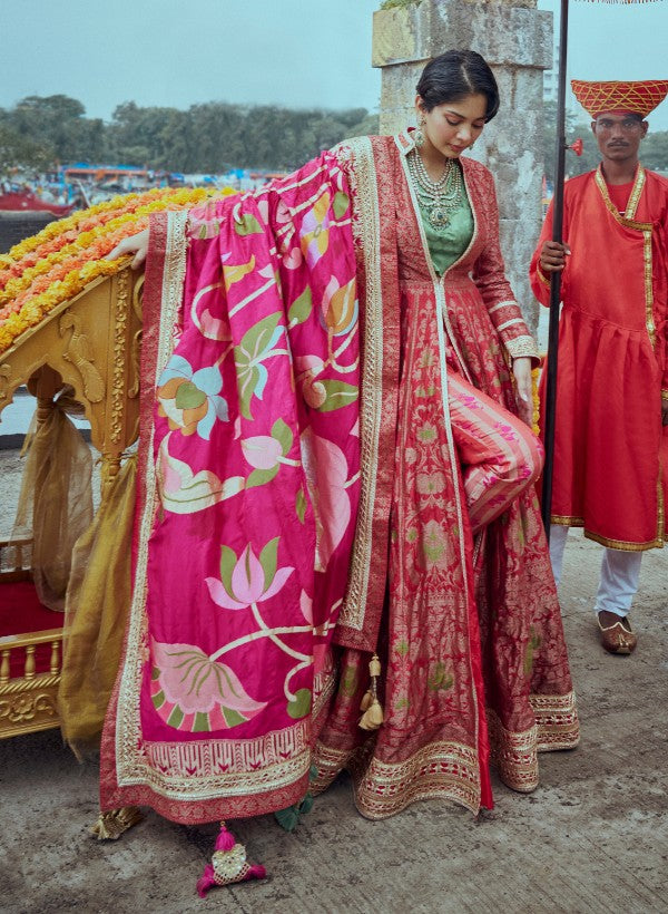 Red Banarasi Anarkali Jacket Set