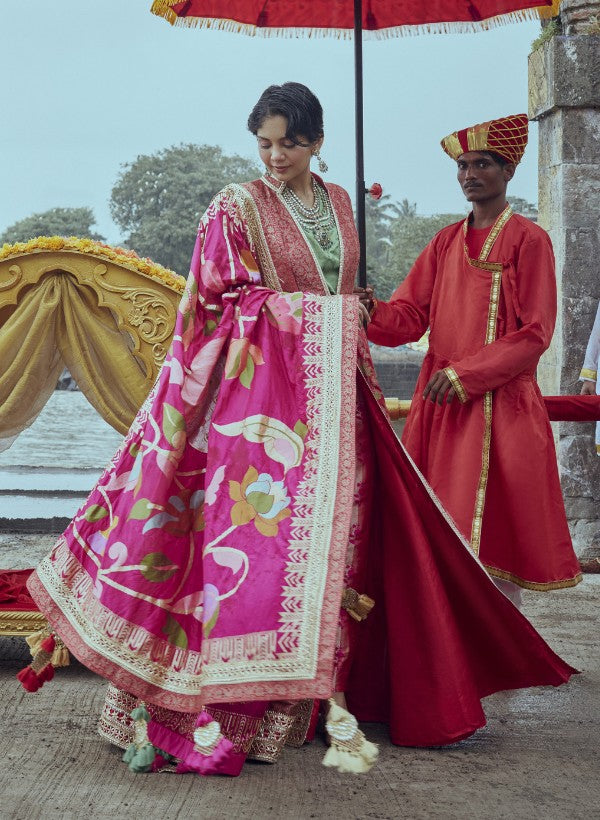 Red Banarasi Anarkali Jacket Set