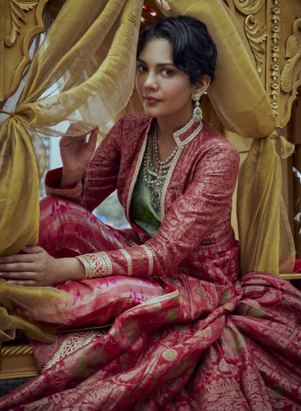 Red Banarasi Anarkali Jacket Set