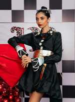 Load image into Gallery viewer, BLACK FLARED DRESS WITH MEASURING TAPE ACCENTS &amp; RHINESTONE BROOCHES