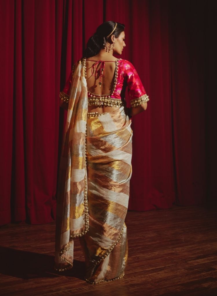 Metallic Striped Sari with Banarasi Blouse