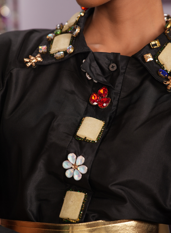 BLACK FLARED DRESS WITH MEASURING TAPE ACCENTS & RHINESTONE BROOCHES