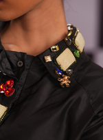 Load image into Gallery viewer, BLACK FLARED DRESS WITH MEASURING TAPE ACCENTS &amp; RHINESTONE BROOCHES