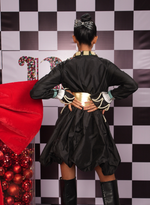 Load image into Gallery viewer, BLACK FLARED DRESS WITH MEASURING TAPE ACCENTS &amp; RHINESTONE BROOCHES