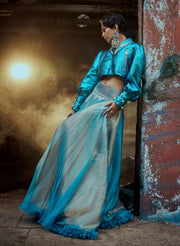 Metallic Turquoise Organza Flared Voluminous Skirt