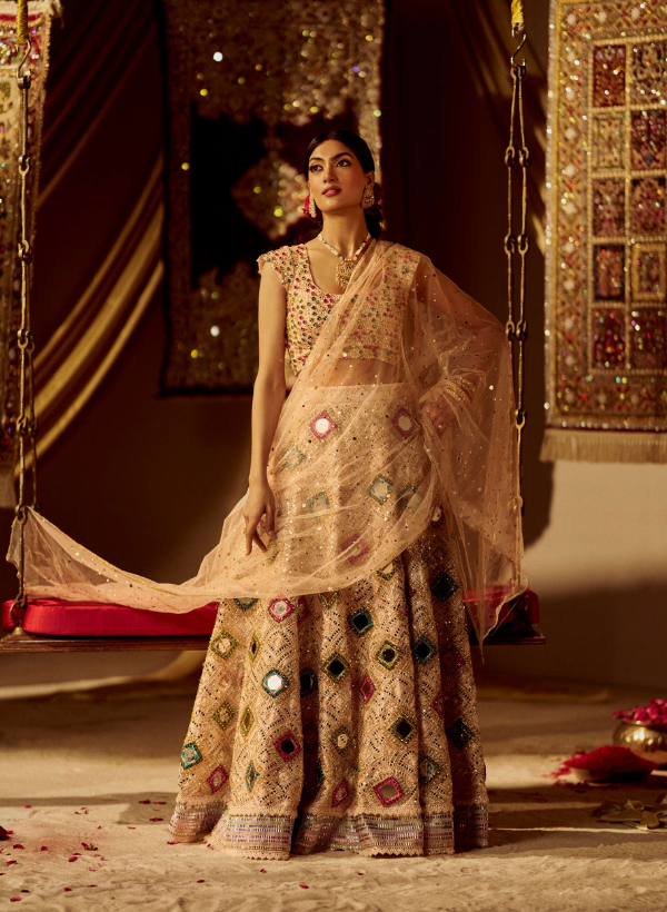 Cream Mirror Work Lehenga Set