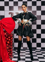 Load image into Gallery viewer, BLACK FLARED DRESS WITH MEASURING TAPE ACCENTS &amp; RHINESTONE BROOCHES