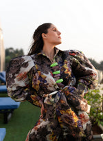 Load image into Gallery viewer, FRENCH ORGANZA FLORAL PRINT BLACK LONG DRESS