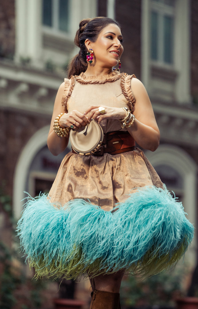 METALLIC GOLD BALLOON FEATHER DRESS