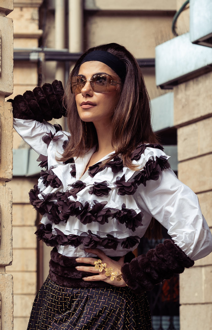 BROWN RUFFLED SILK SHIRT