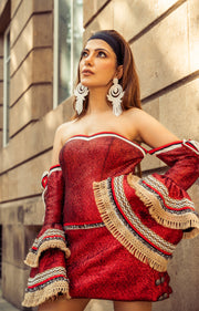 METALLIC RED OFF-SHOULDER DRESS