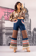 Load image into Gallery viewer, STATEMENT MAHEKA MIRPURI SWAROVSKI &amp; FEATHER DENIM JEANS
