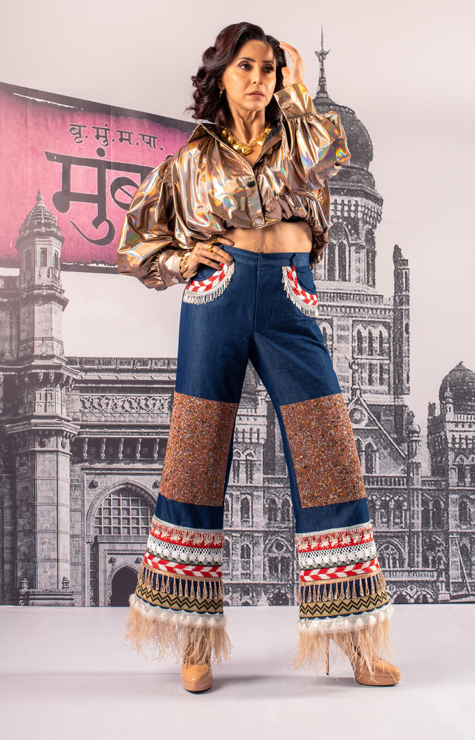 STATEMENT MAHEKA MIRPURI SWAROVSKI & FEATHER DENIM JEANS