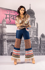 Load image into Gallery viewer, STATEMENT MAHEKA MIRPURI SWAROVSKI &amp; FEATHER DENIM JEANS
