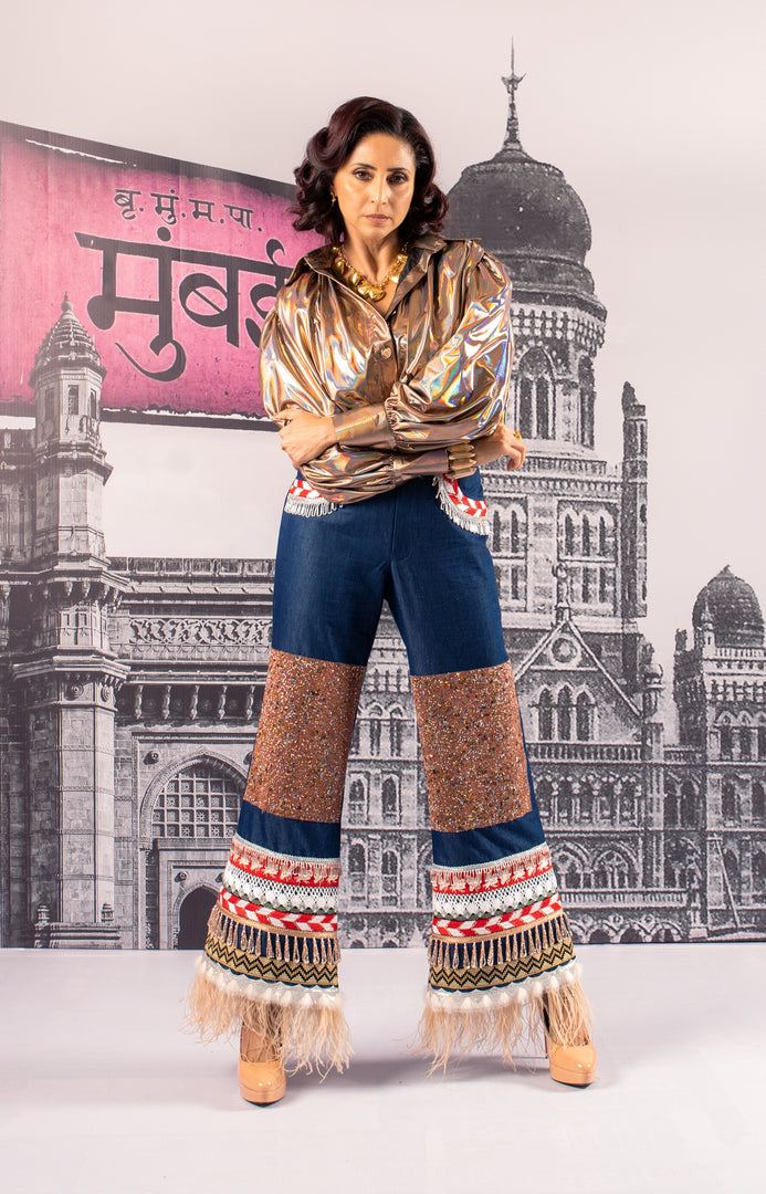 STATEMENT MAHEKA MIRPURI SWAROVSKI & FEATHER DENIM JEANS