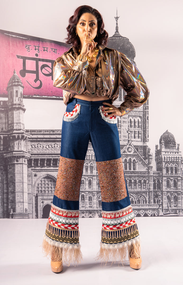 STATEMENT MAHEKA MIRPURI SWAROVSKI & FEATHER DENIM JEANS