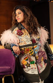 HAND-PAINTED OVERSIZE JACKET WITH PINK OSTRICH FEATHERS